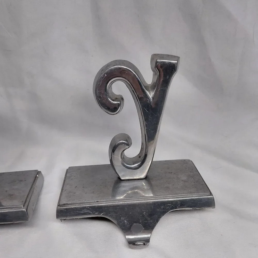 Vintage Cast Iron JOY Christmas Stocking Holders Mantel Hangers Weighted Set